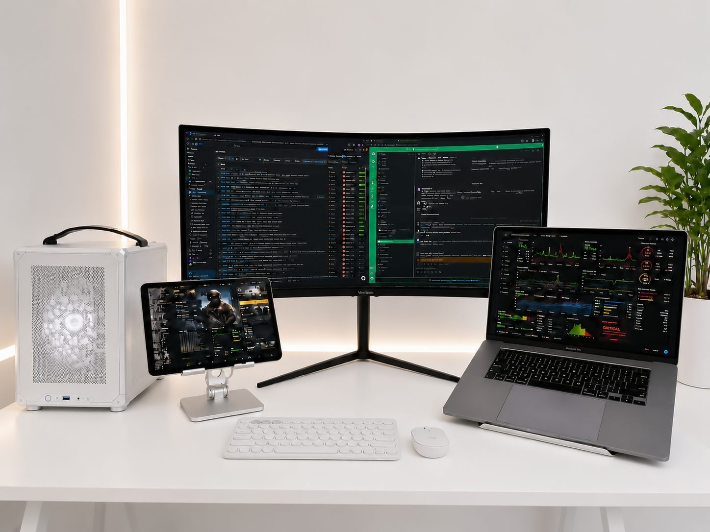 A multi-device desktop setup with PC, laptop, and wearables