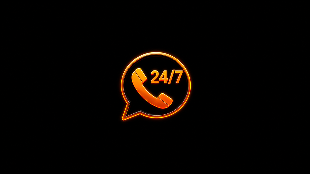 Phone handset icon in a speech bubble labeled 24/7, symbolizing round-the-clock answering services