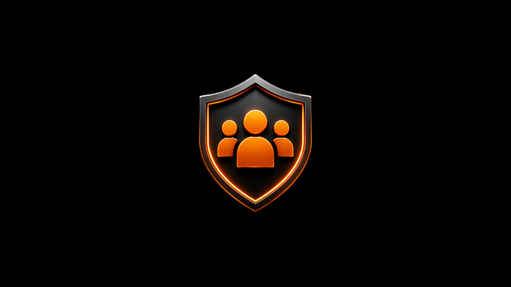 Shield icon containing three user silhouettes, symbolizing community moderation