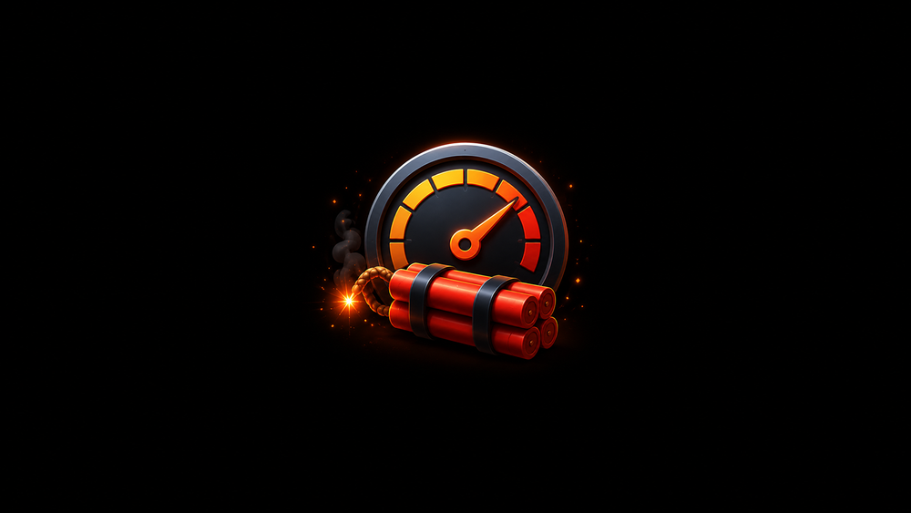 Speedometer gauge redlined into the danger zone next to a lit stick of dynamite, symbolizing stress testing