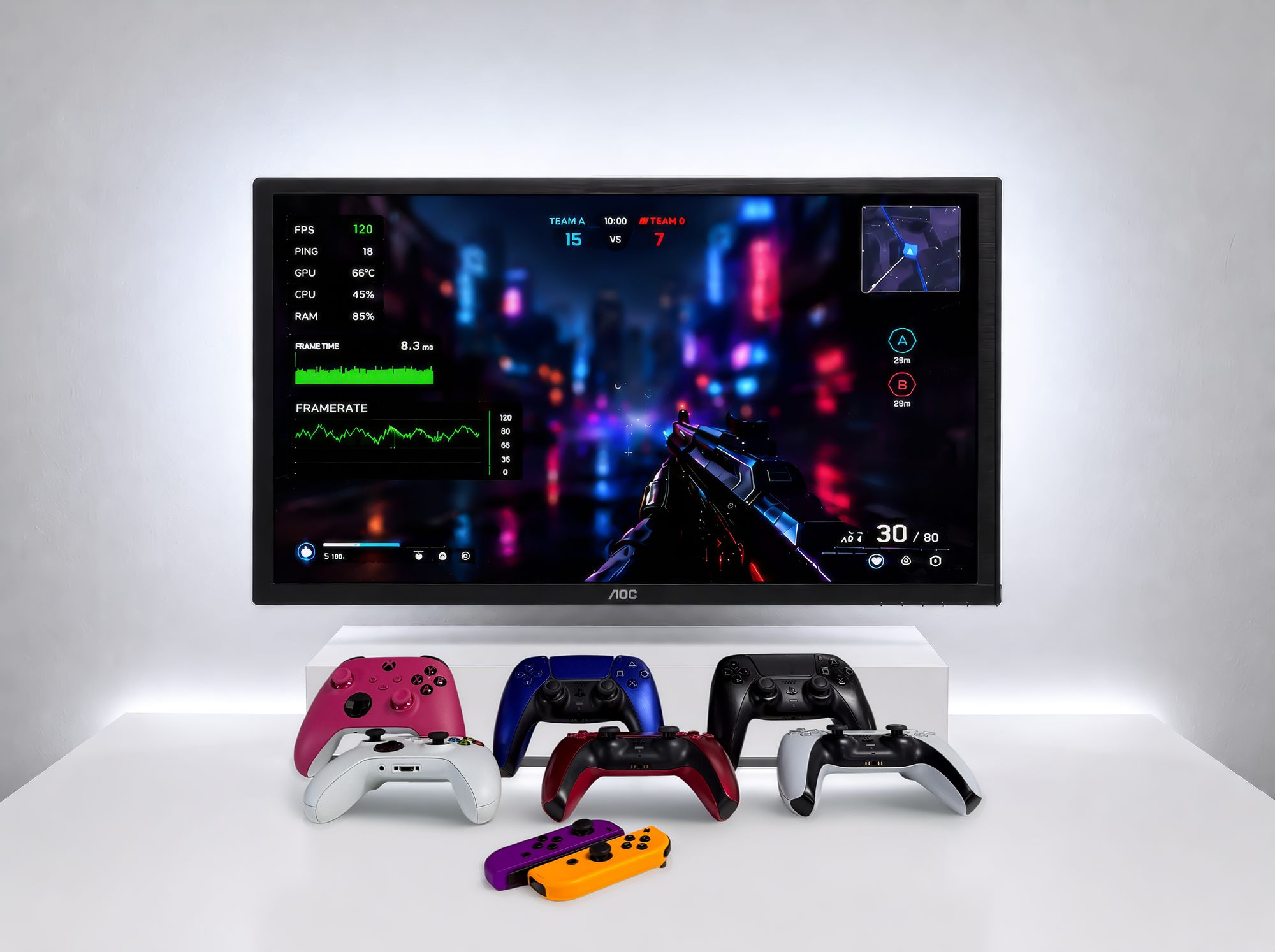 Gaming monitor showing real-time FPS, ping, and hardware performance metrics during a match, with controllers lined up in front